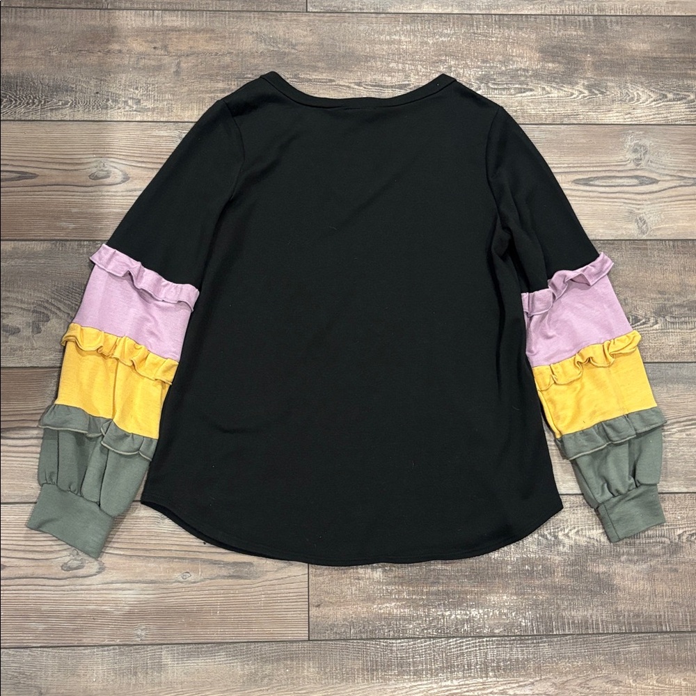 BiBi V Neck Long Sleeve Color Block Ruffled Arm Top - Picture 5 of 5
